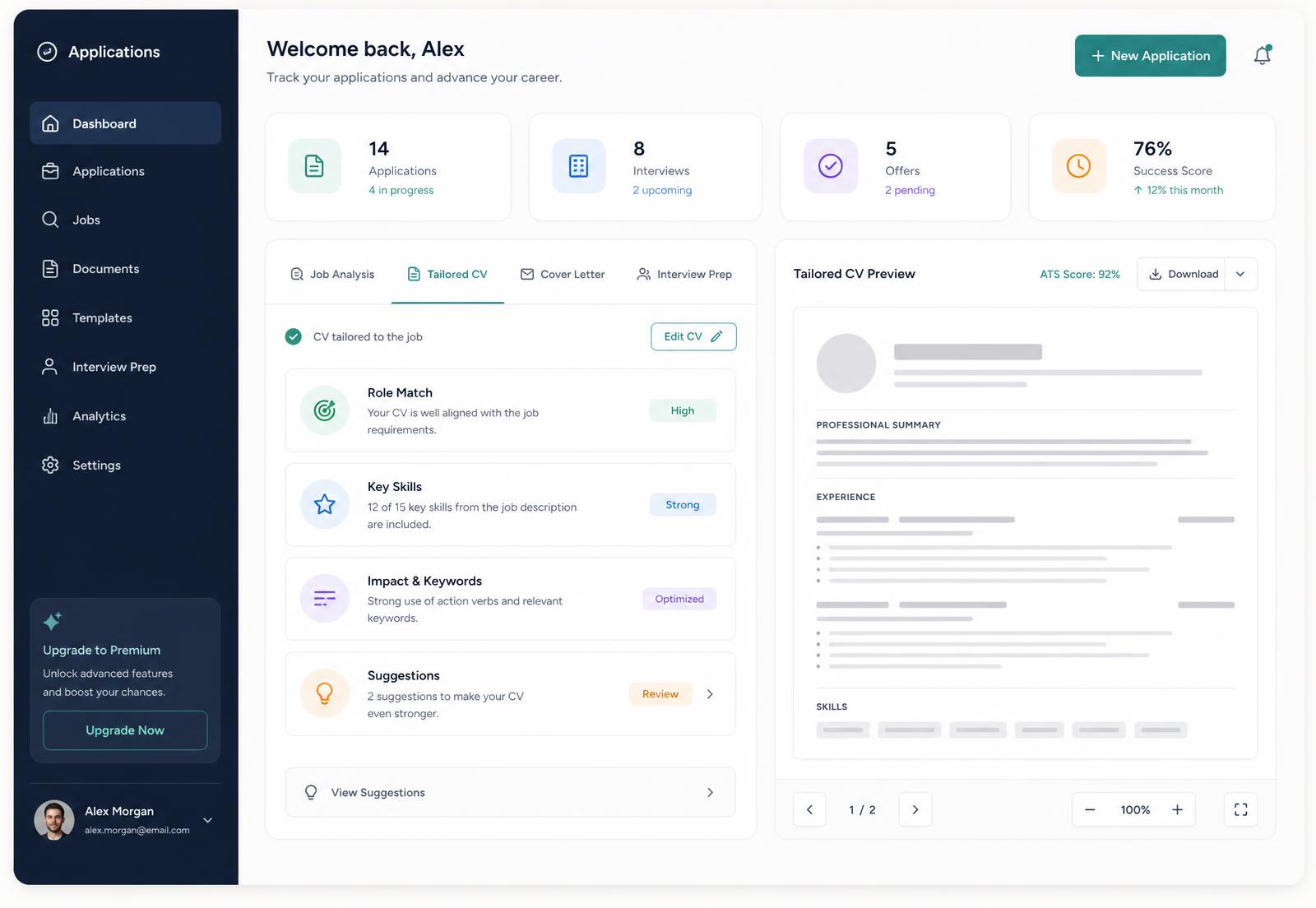 The JobReady dashboard showing job analysis, tailored CV, cover letter and interview preparation